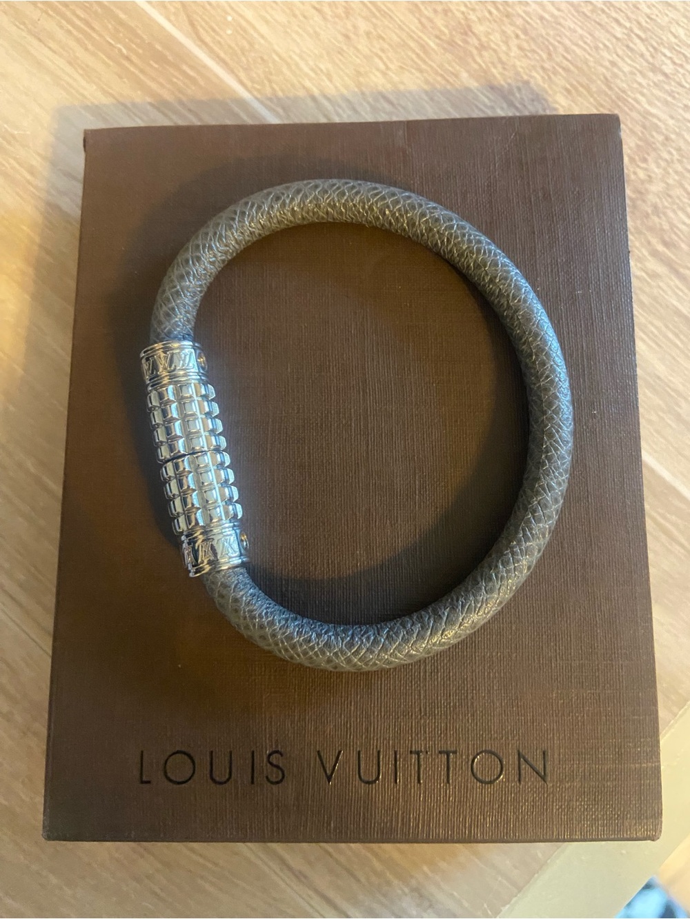 Louis Vuitton Gray Leather Bracelet with Silver-Tone Clasp